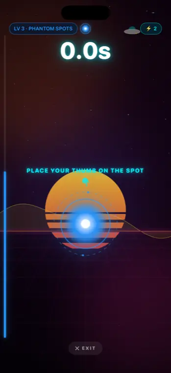 A single glowing cyan spot on a violet grid, with a thumb held on it and the timer running