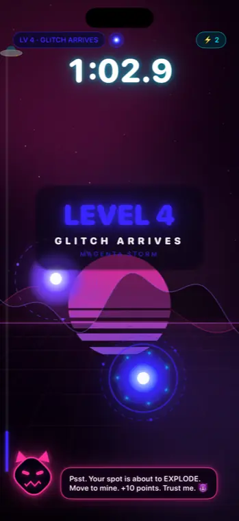 GLITCH, a neon imp disguised as a pause button, telling the player it is safe to let go