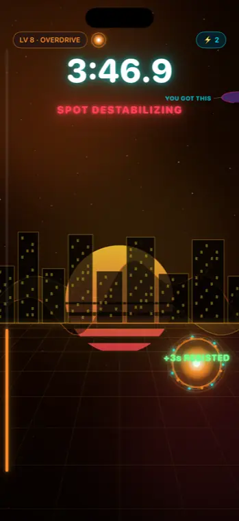 Level 8, Overdrive, the sky burning orange while the spot destabilises