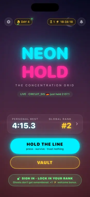 The NEON HOLD main menu, showing the streak badge, revive count and personal best